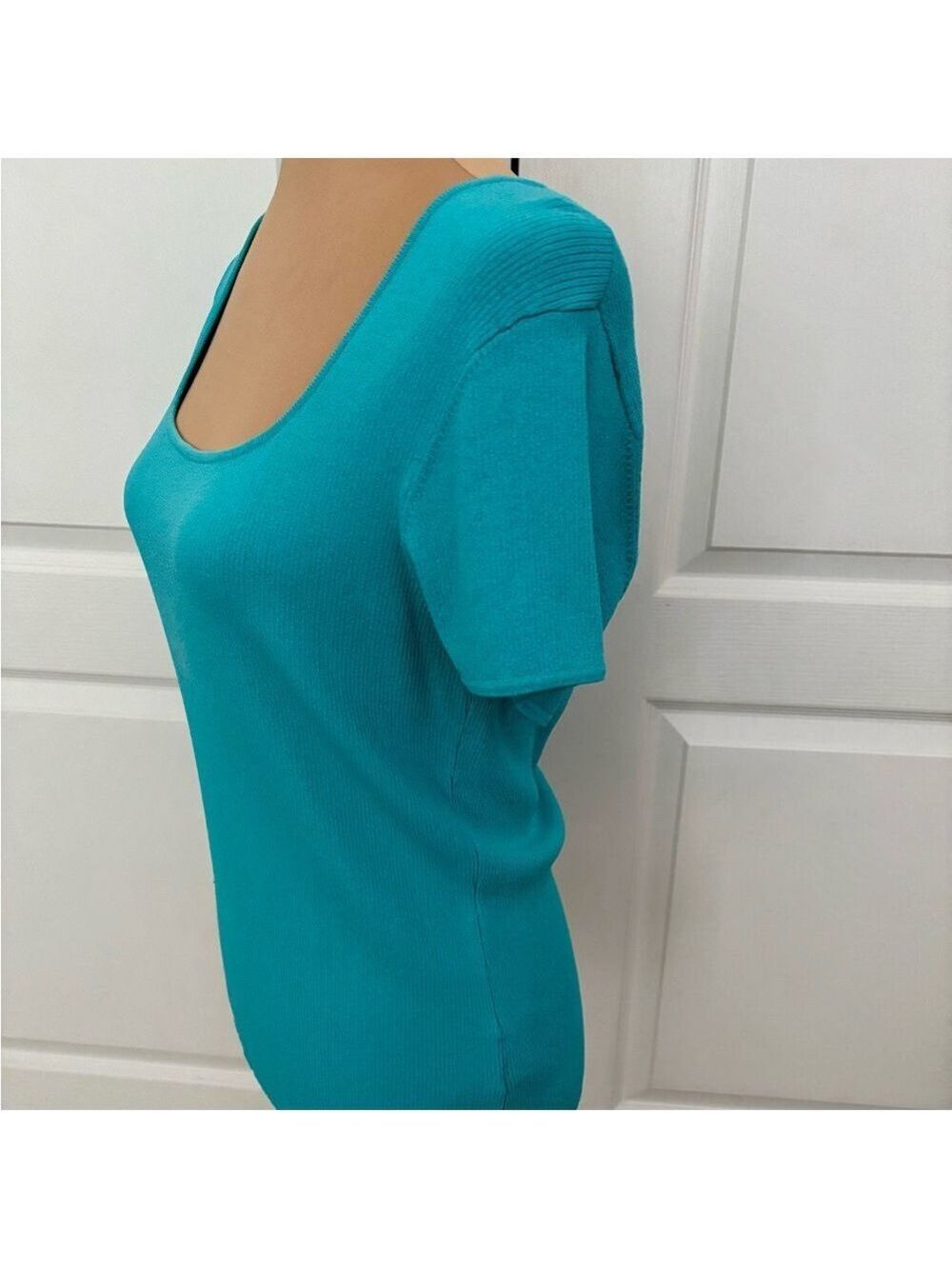 Kasper Turquoise Ribbed Knit Top | Wide Square Neck | Size Large - Picture 4 of 10